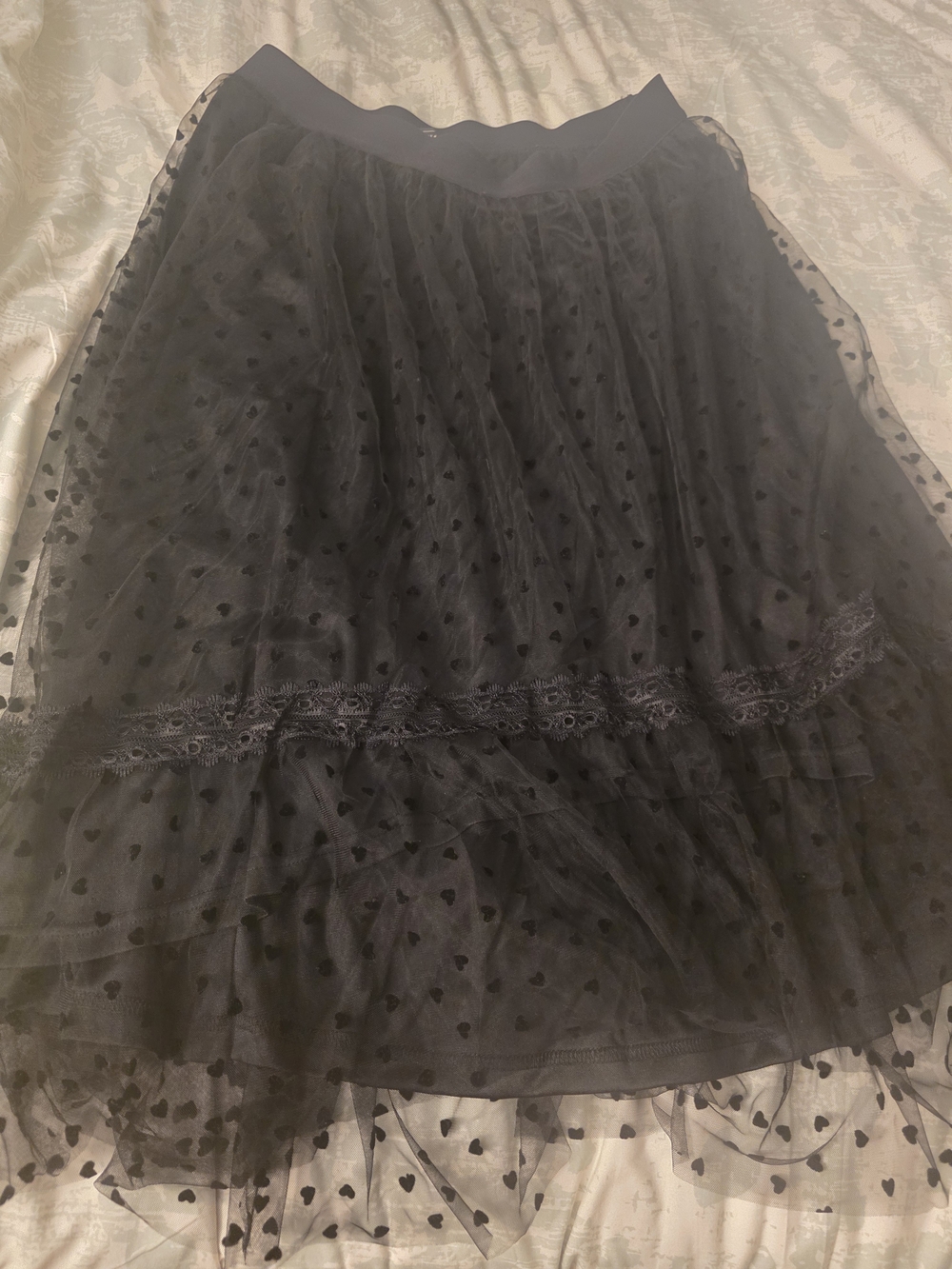 Black Heart-Print Tulle A-Line Skirt